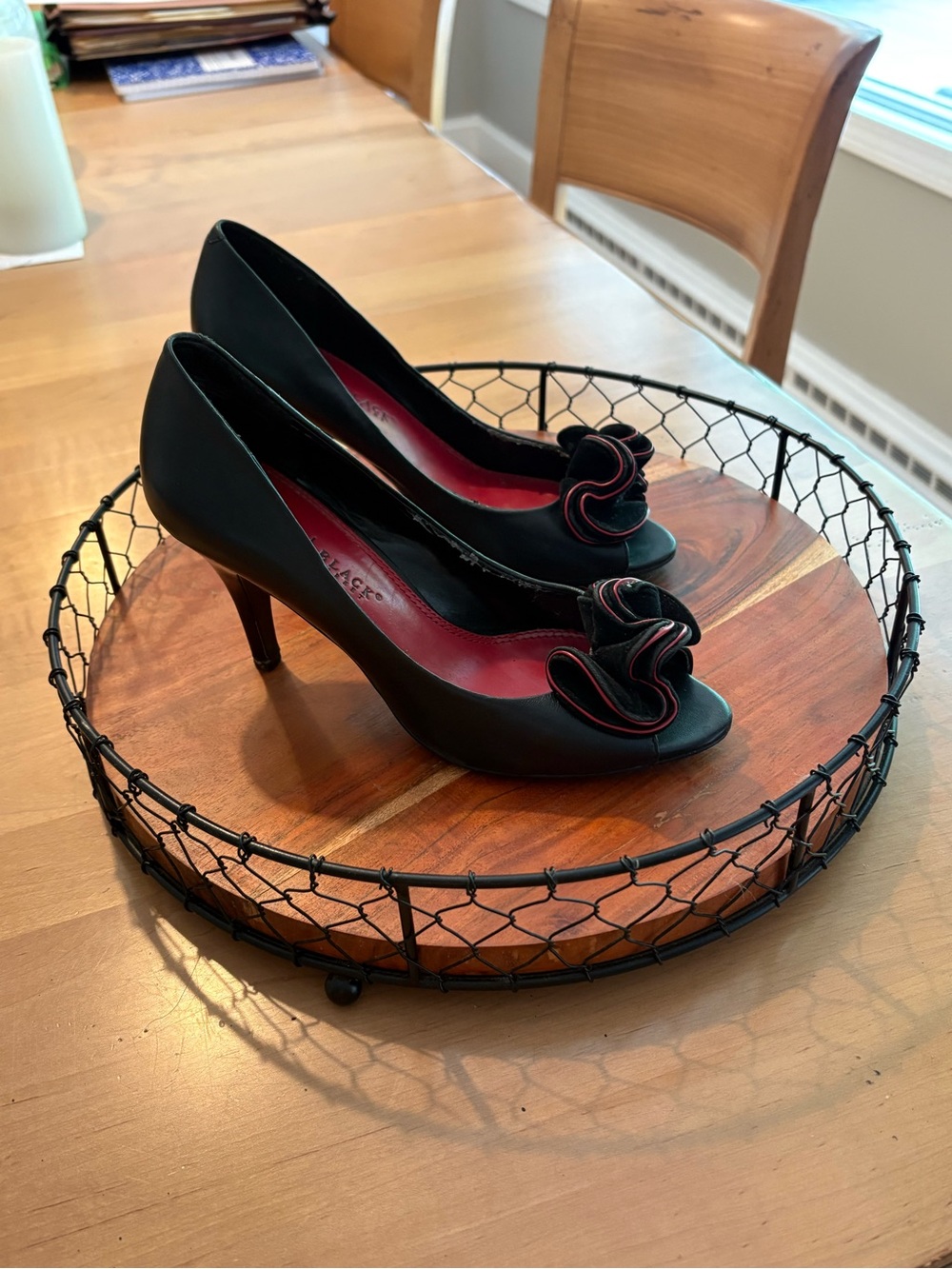 White House Black Market Peep-Toe Heels with Red-Trim Rosette